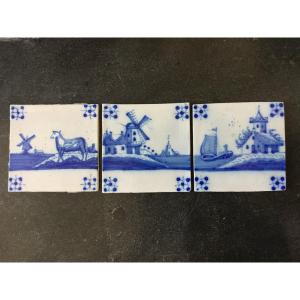 Suite Of 3 Delft Bleu And White Tiles , 19th Century.